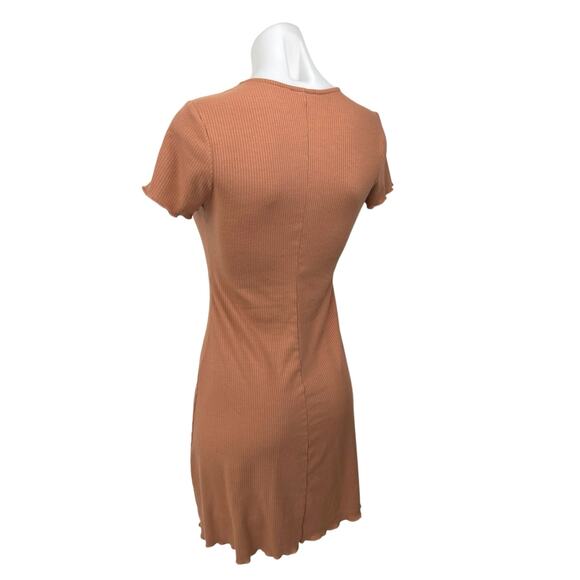 Nordstrom BP Brown Rib Knit Short Sleeve V-Neck Ruched Tie Mini Bodycon Dress S - Picture 2 of 5